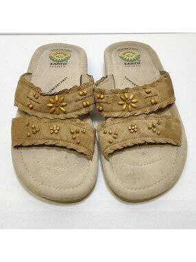 Earth Spirit Gelron 2000 Willow Leather Slip-On Sandals Wooden Beads Women US 7